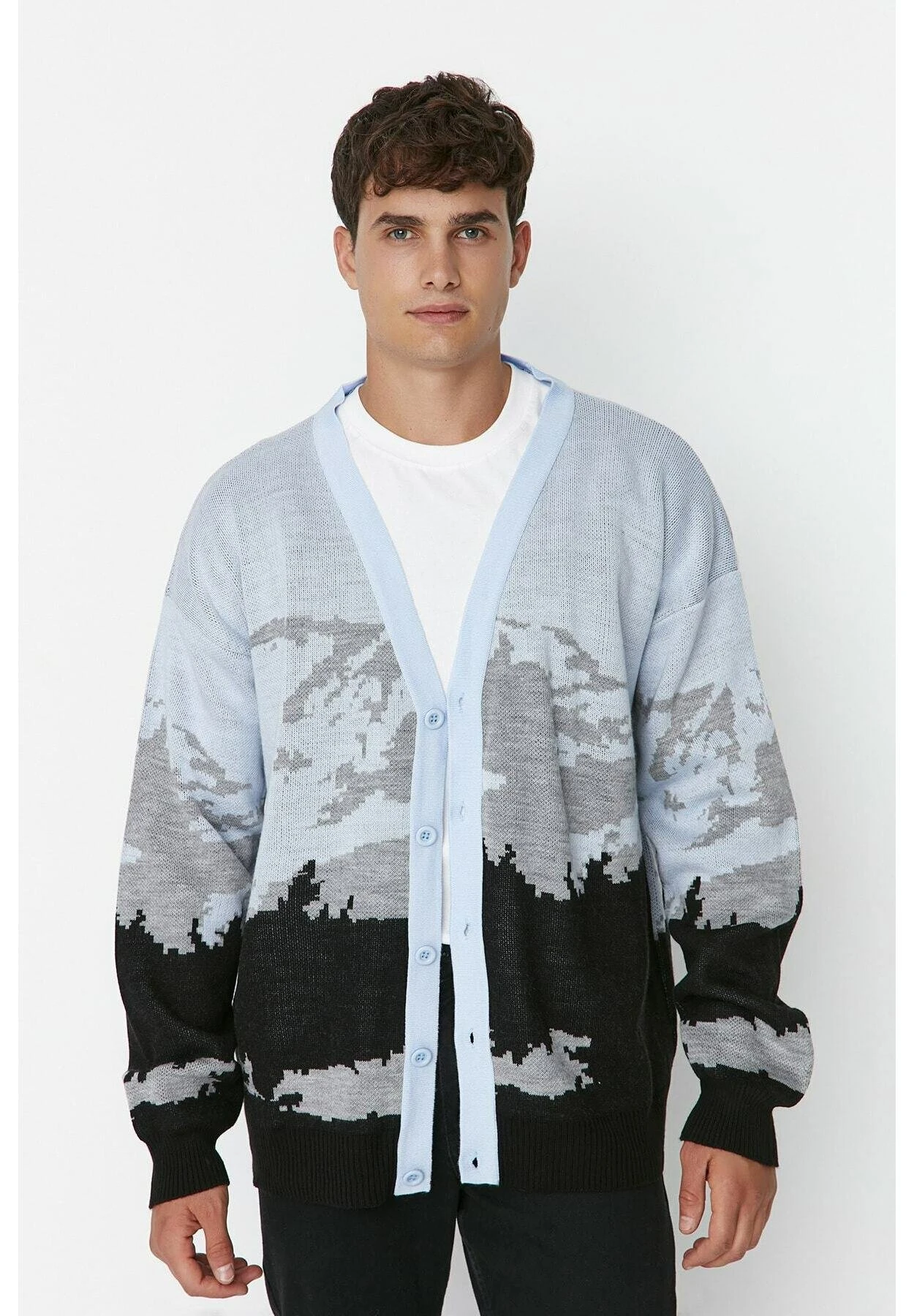 Trendyol Chaqueta De Punto - Light Blue/Black/Light Grey